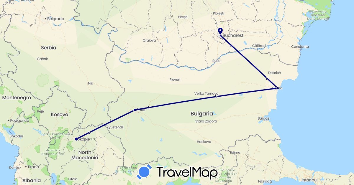 TravelMap itinerary: driving in Bulgaria, Macedonia, Romania (Europe)